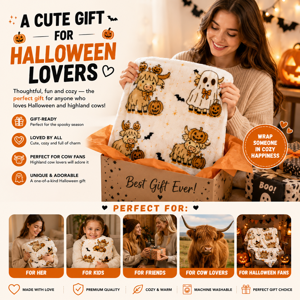 🔥 55% OFF TODAY 🎃 Cute Halloween Highland Cow Ghost Plush Throw Blanket