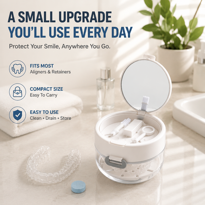 ✨ Portable 3-in-1 Retainer Cleaner Case | Clean, Drain, Dry & Store Aligners, Mouth Guards and Dentures in One Compact Organizer
