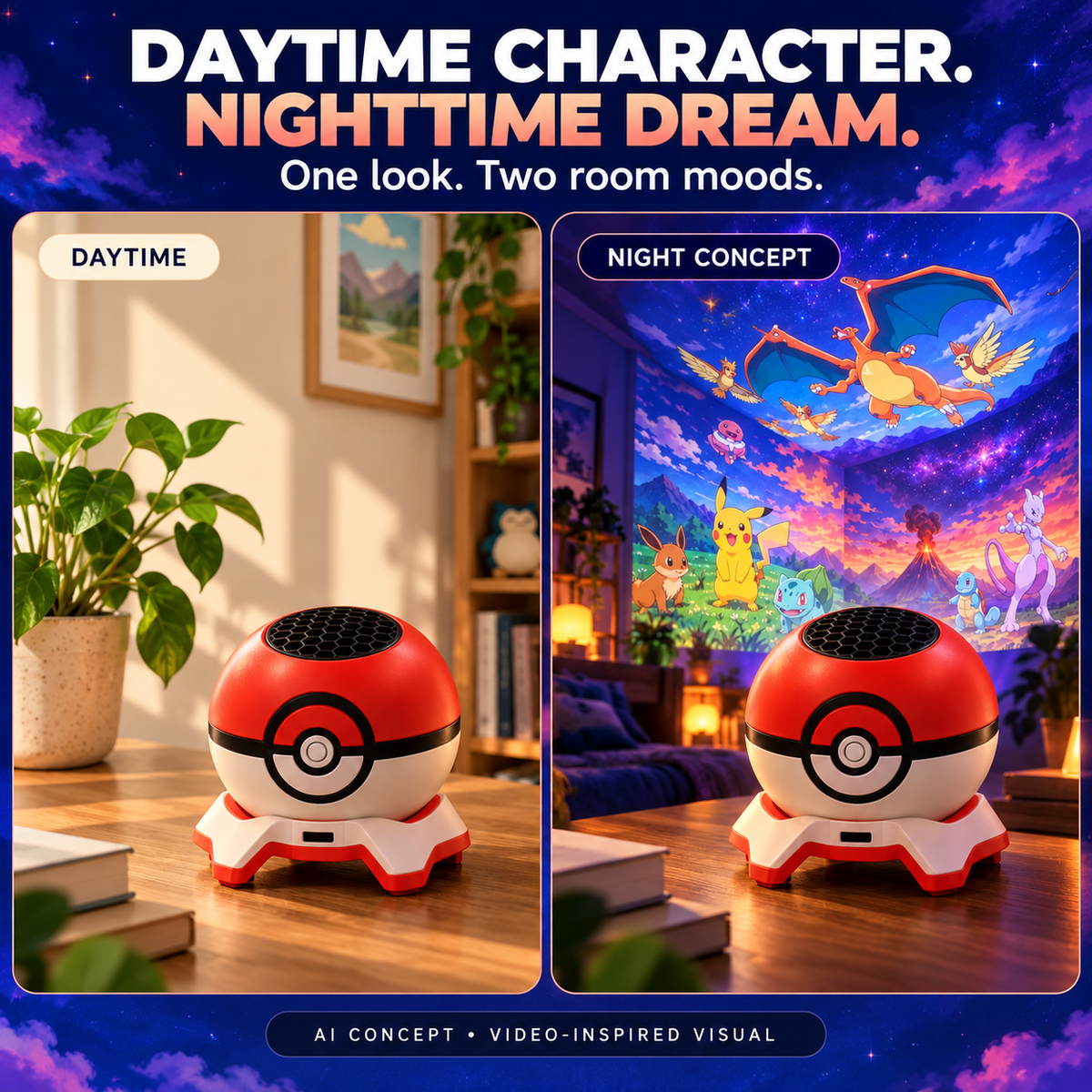AI concept: daytime and imagined nighttime room moods