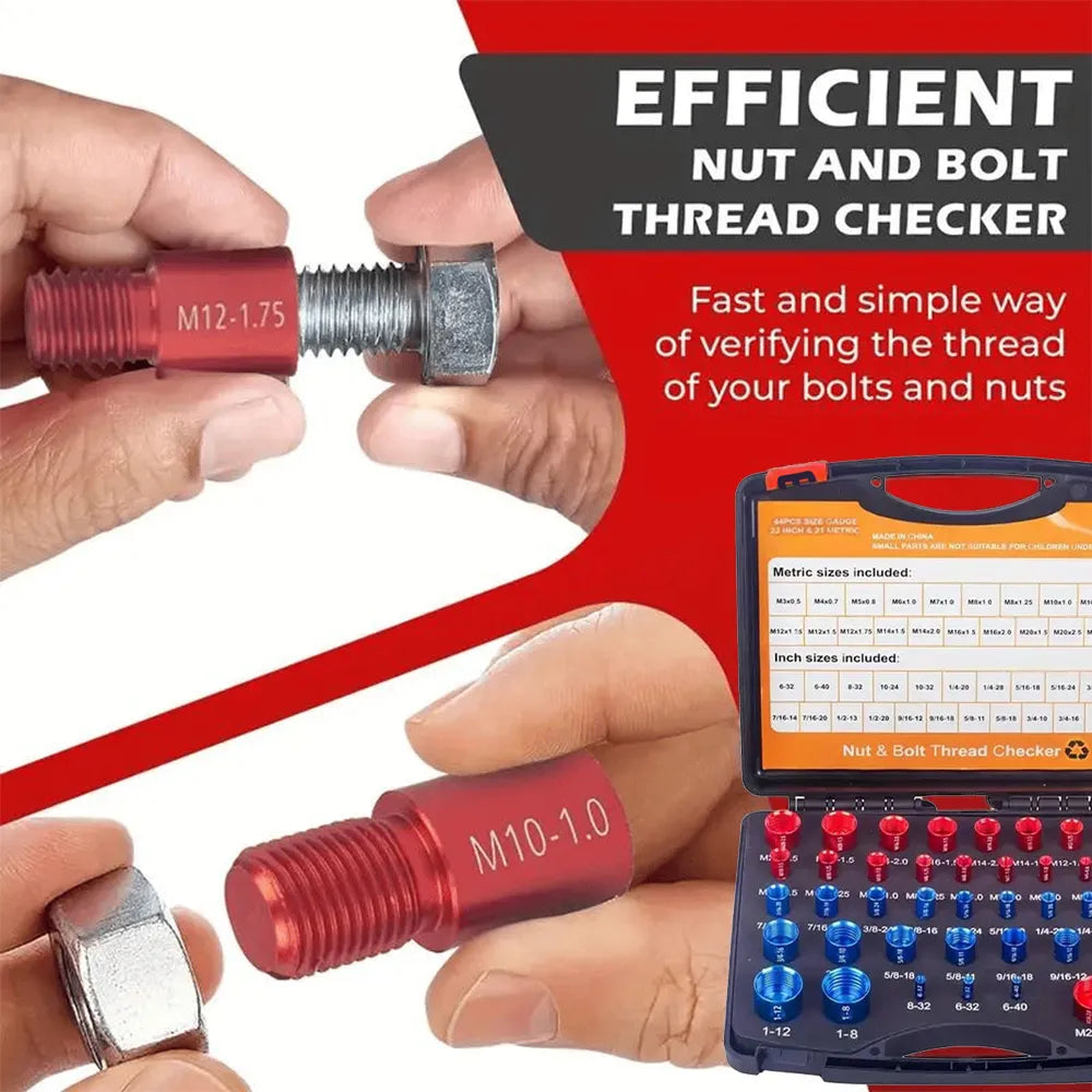 Nut being tested with detachable red metric thread checker