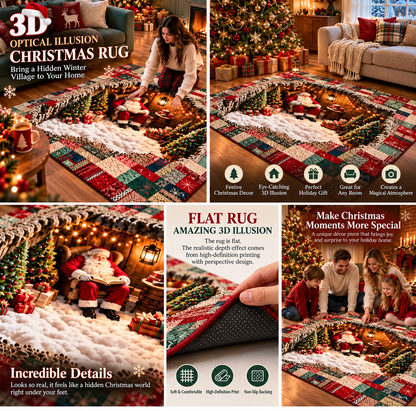 🔥🎅3D Optical Illusion Christmas Village Rug – Hidden Santa Winter Wonderland ✨