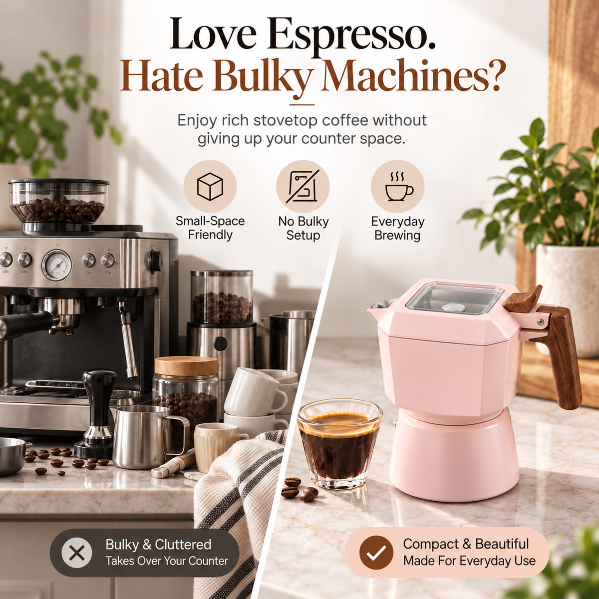 Compact pink stovetop coffee maker beside a bulky countertop espresso setup