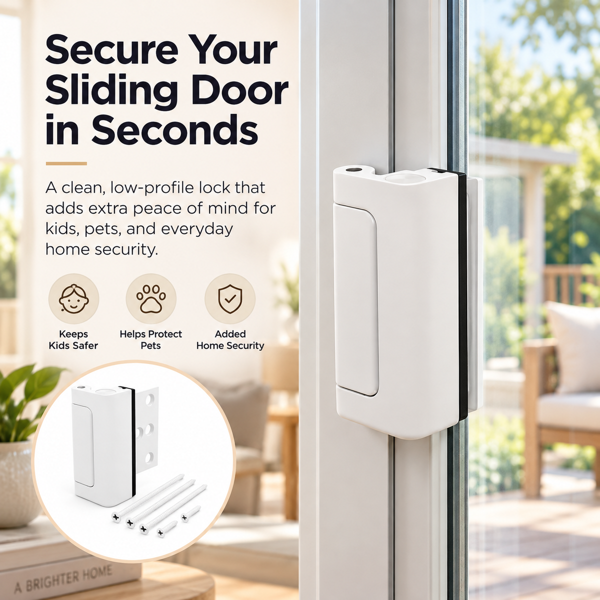Low-profile white sliding door safety latch installed on a patio door frame