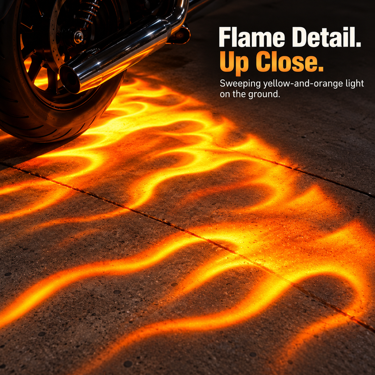Vivid orange and yellow flame-shaped motorcycle LED ground projection
