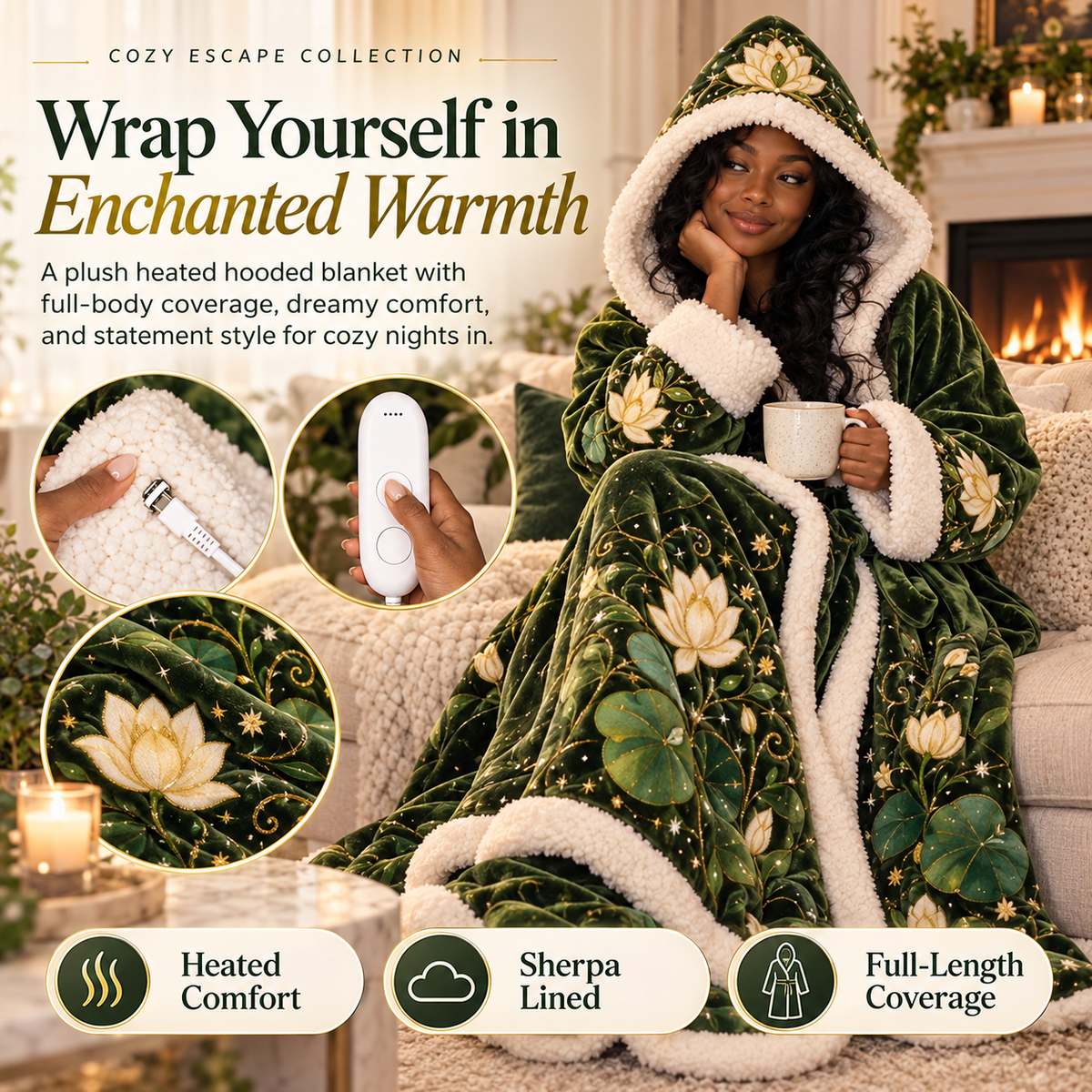 🐸👑✨ Enchanted Princess Heated Hooded Blanket 💚🌸 Ultra-Soft Sherpa Lined Wearable Blanket 🔥❄️ Full-Body Cozy Warmth for Cold Nights 🎁