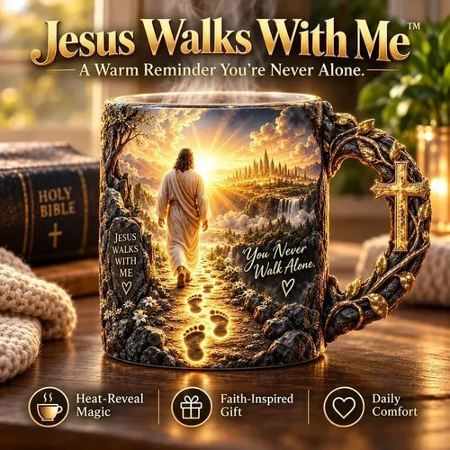 Jesus Walks With Me heat-reveal Christian faith mug