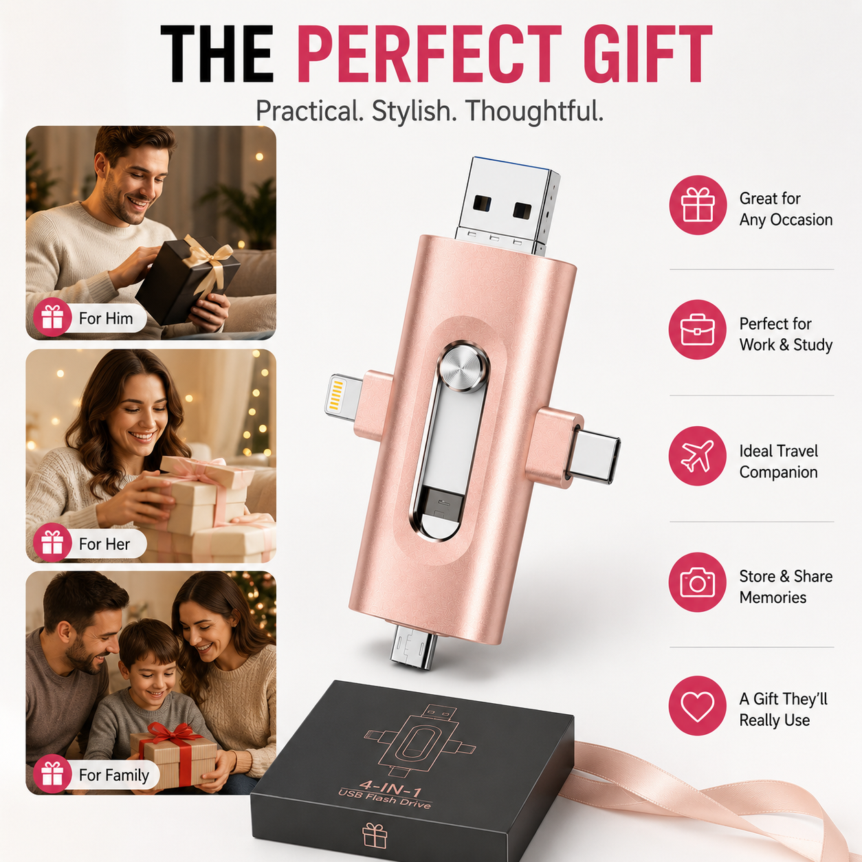 📱 4-in-1 USB Flash Drive for Phone & Computer – High-Speed Photo Backup & Multi-Port Memory Stick