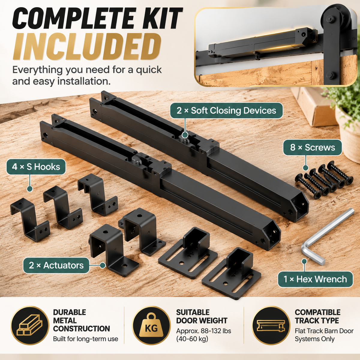 Barn door soft closing device brackets actuators screws and hex wrench