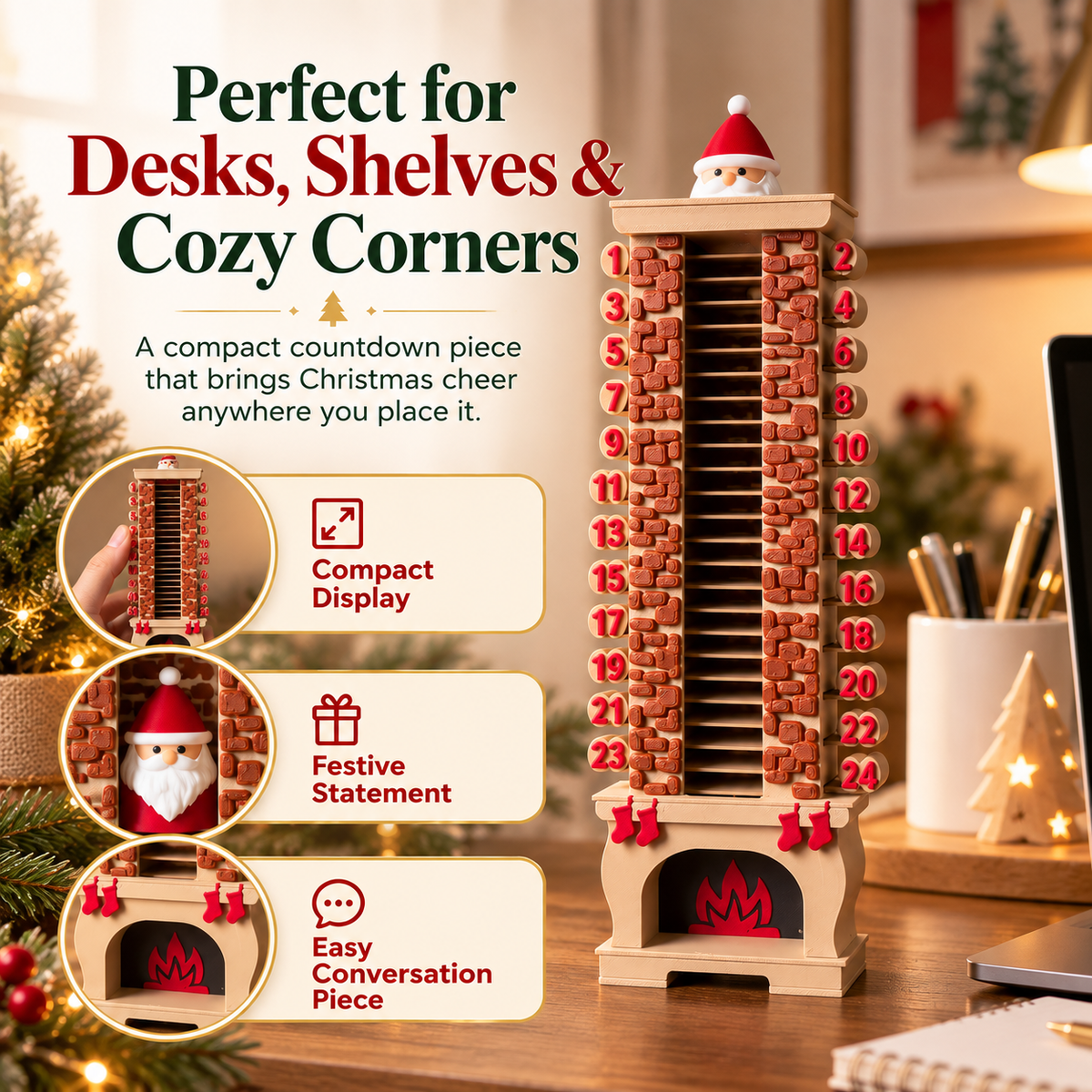 Santa chimney countdown decoration displayed on a desk beside Christmas tree