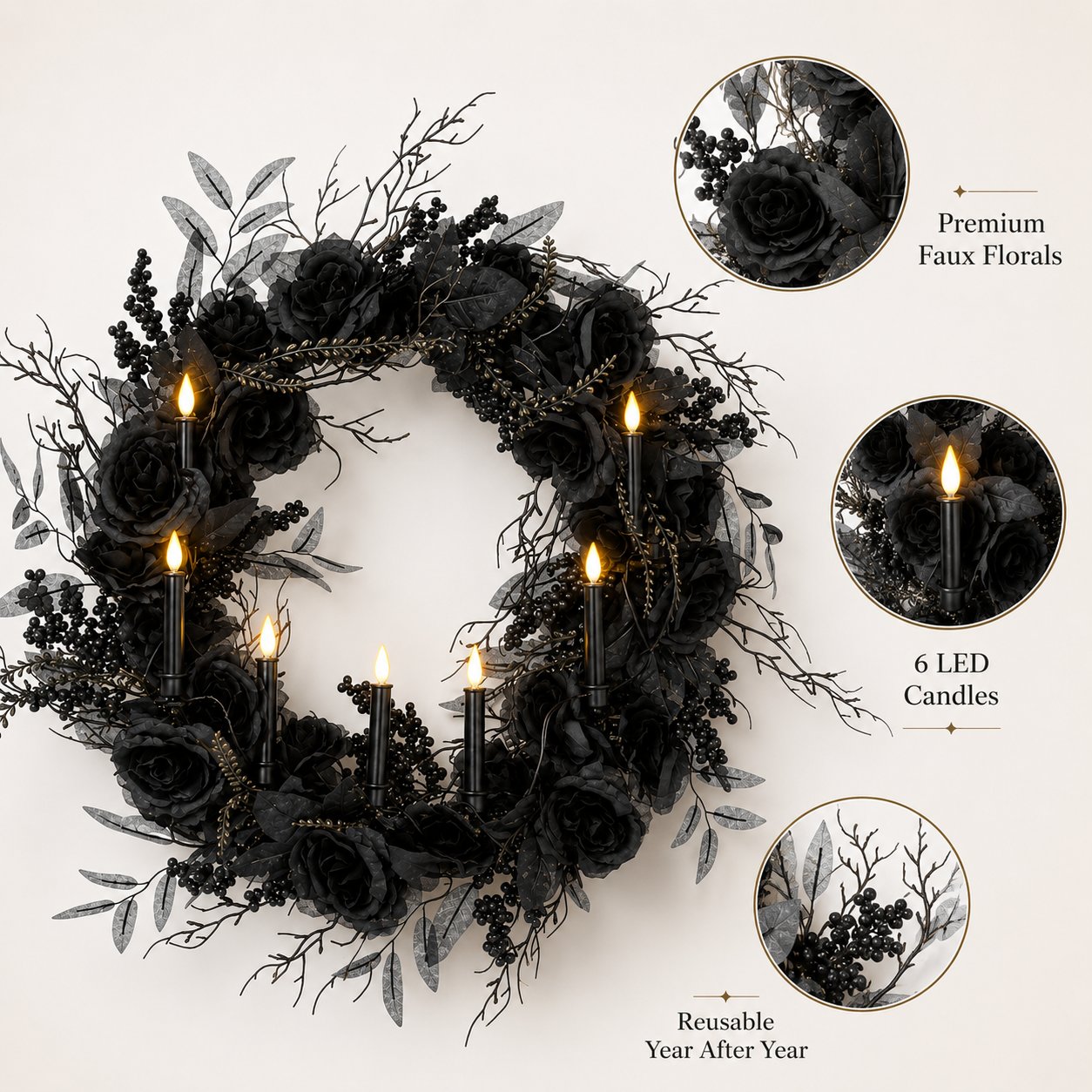 🎁Elevate your Halloween vibe 🖤Black Rose Candle Wreath
