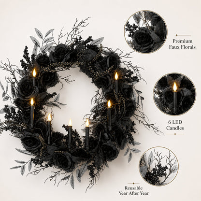 🎁Elevate your Halloween vibe 🖤Black Rose Candle Wreath