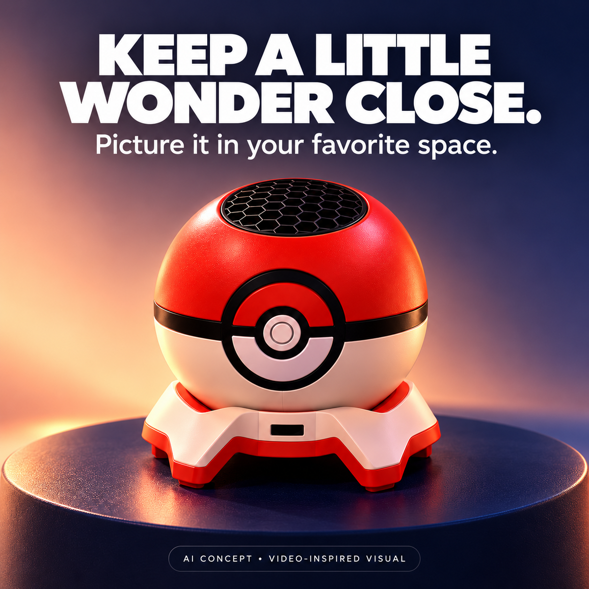 AI concept: red and white ball-shaped design on a studio podium