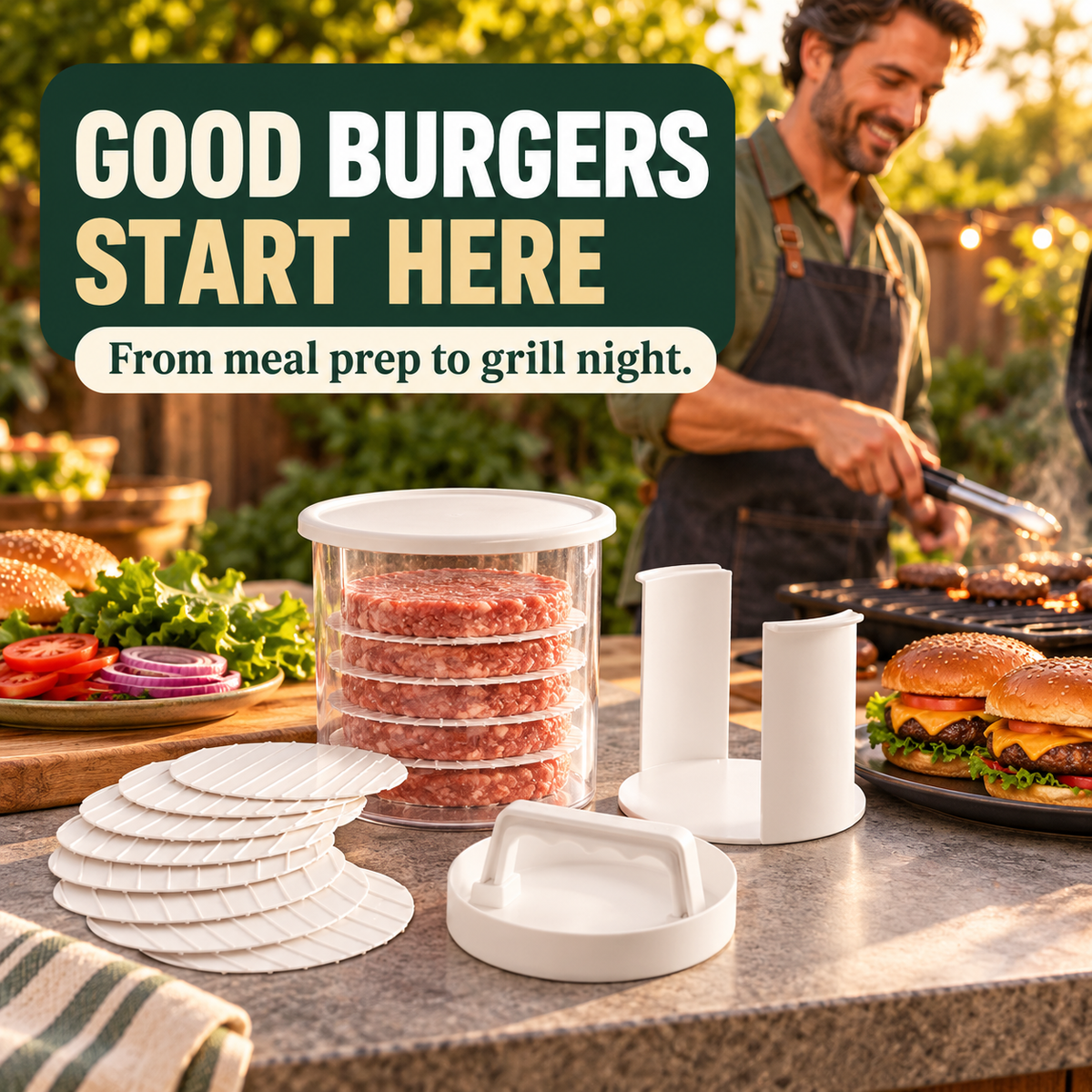 Prepared burger patties ready beside a backyard grill