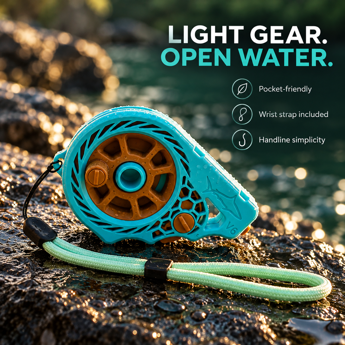 Close detail of turquoise rodless pocket reel