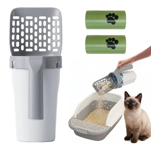 Cat Litter Scooper with Holder, Upgraded Cat Litter Shovel with Bags, 2-in-1 Detachable Sifter and Trash Box System with Refilled Bags, One-Handed Operation Kitty Poop Scooper, Ideal for Cats, Kittens