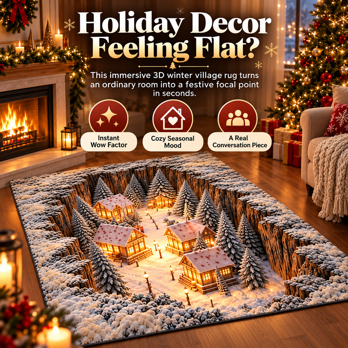 🎄✨ 3D Winter Village Christmas Rug ❄️🏡 Cozy Snowy Cabin 3D Illusion Floor Mat 🏠🔥 Festive Holiday Home Decor 🎁🌟