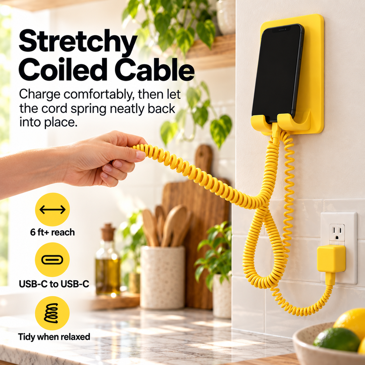 Six foot plus coiled USB-C to USB-C charging cable