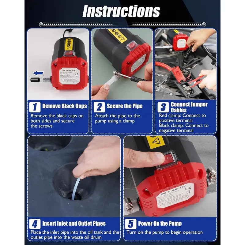 Five step installation and operation instructions for 12V oil extractor pump