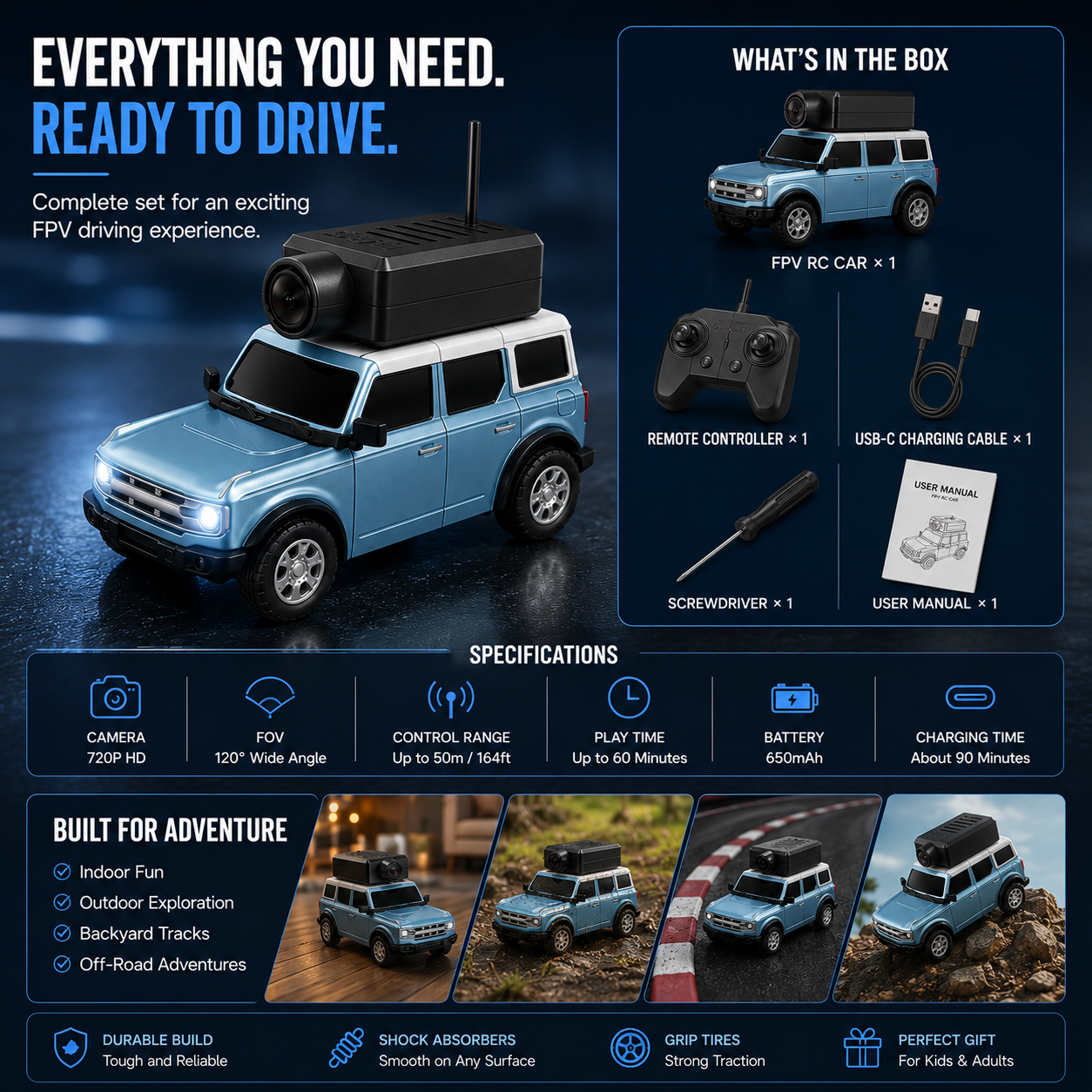 🚙 Mini FPV Camera Car – 720P Live View & Dual Control