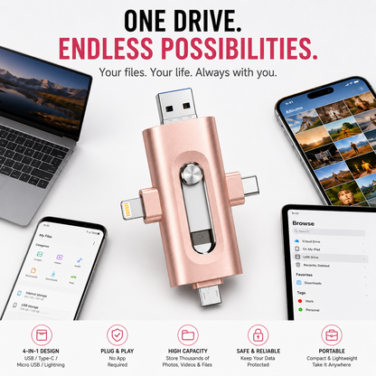 📱 4-in-1 USB Flash Drive for Phone & Computer – High-Speed Photo Backup & Multi-Port Memory Stick