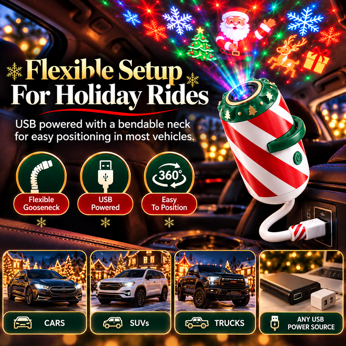 USB Christmas car projector with flexible bendable gooseneck