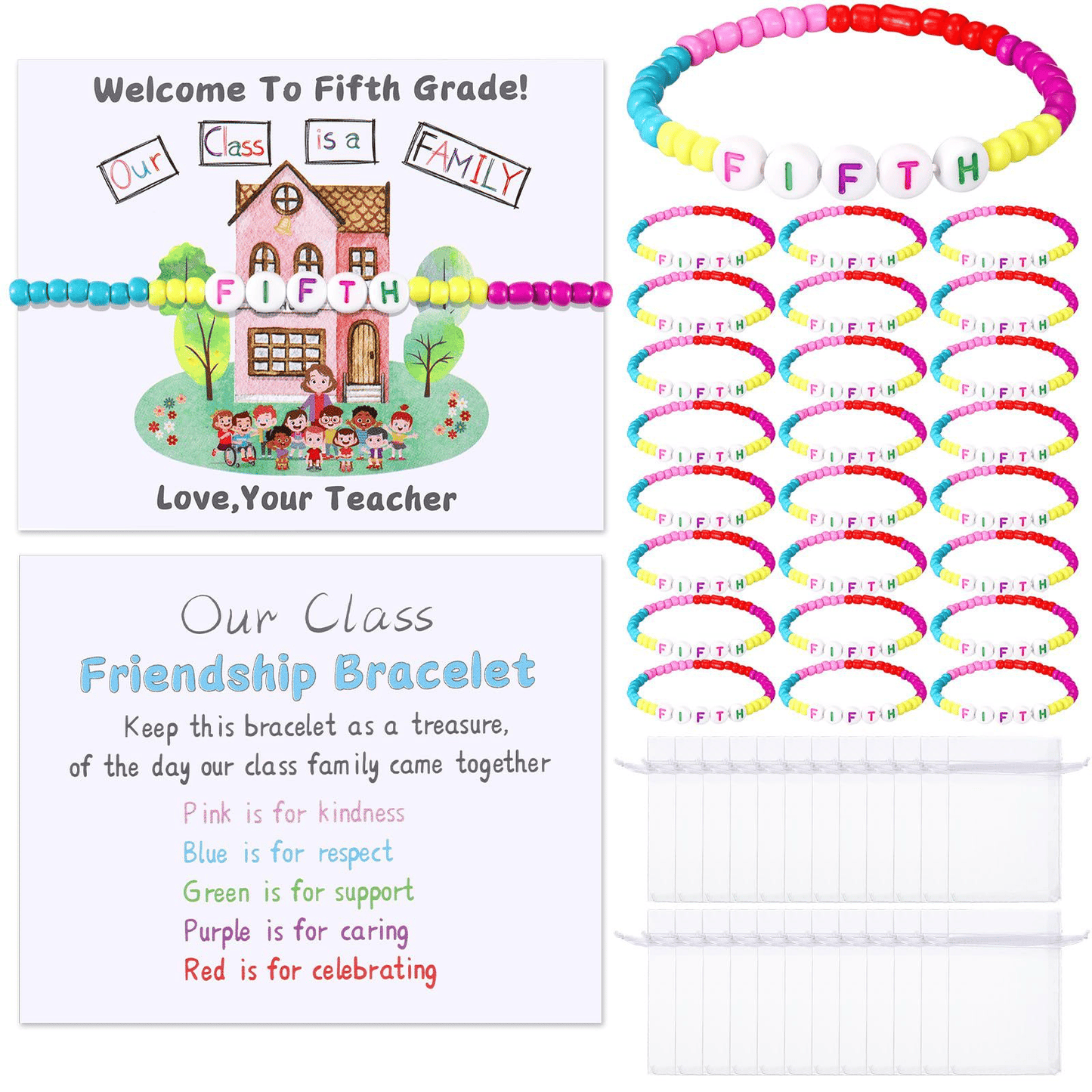 🏫 Back to School Friendship Bracelets Set🧒 -Include Our Class Is a Family Greeting Card and  Bracelet with Bags Gift