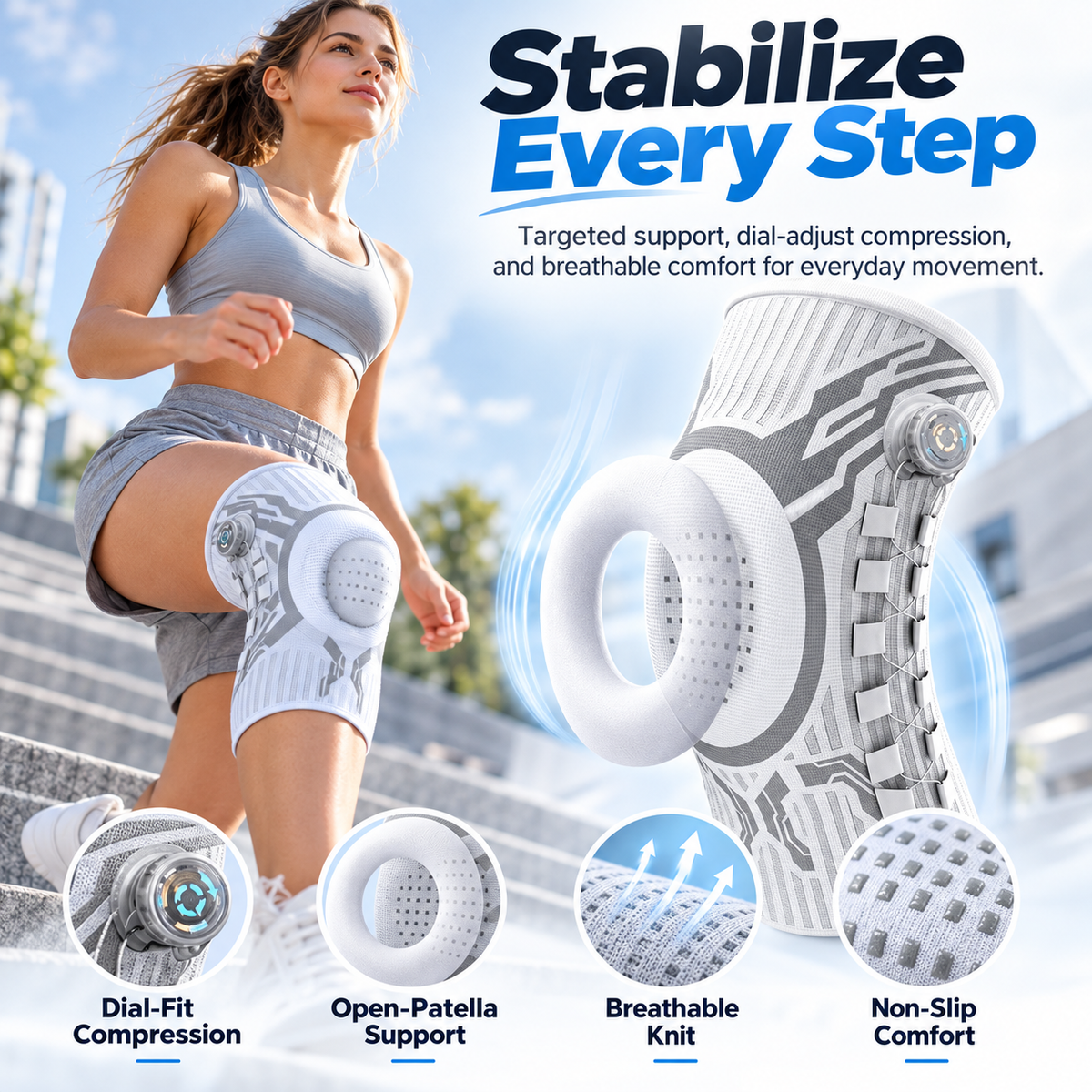 White adjustable knee support brace with dial, front cushion and breathable fabric