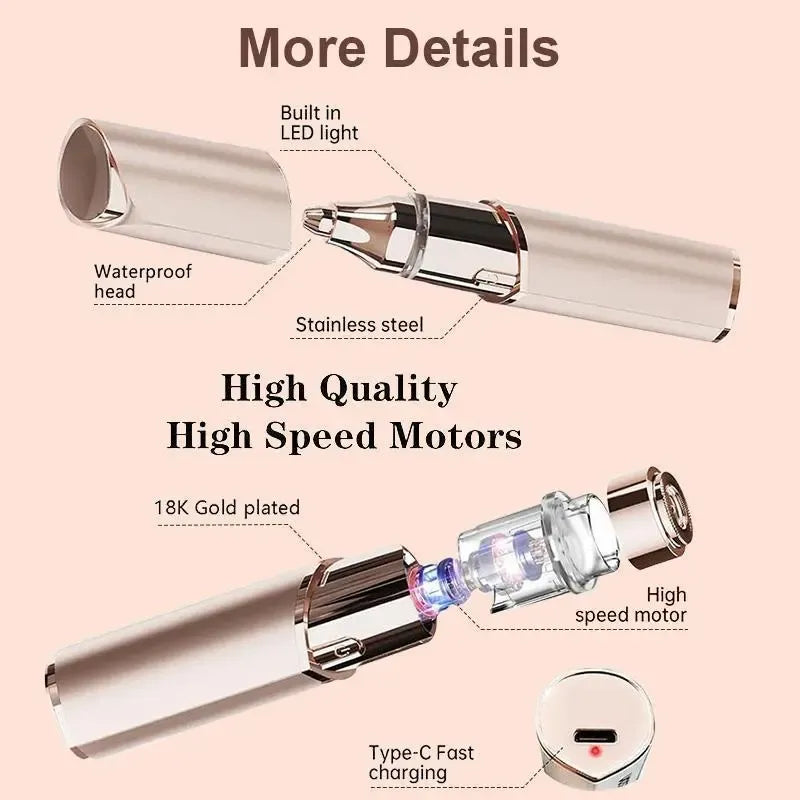 Rechargeable facial and eyebrow trimmer with built-in LED and Type-C charging port