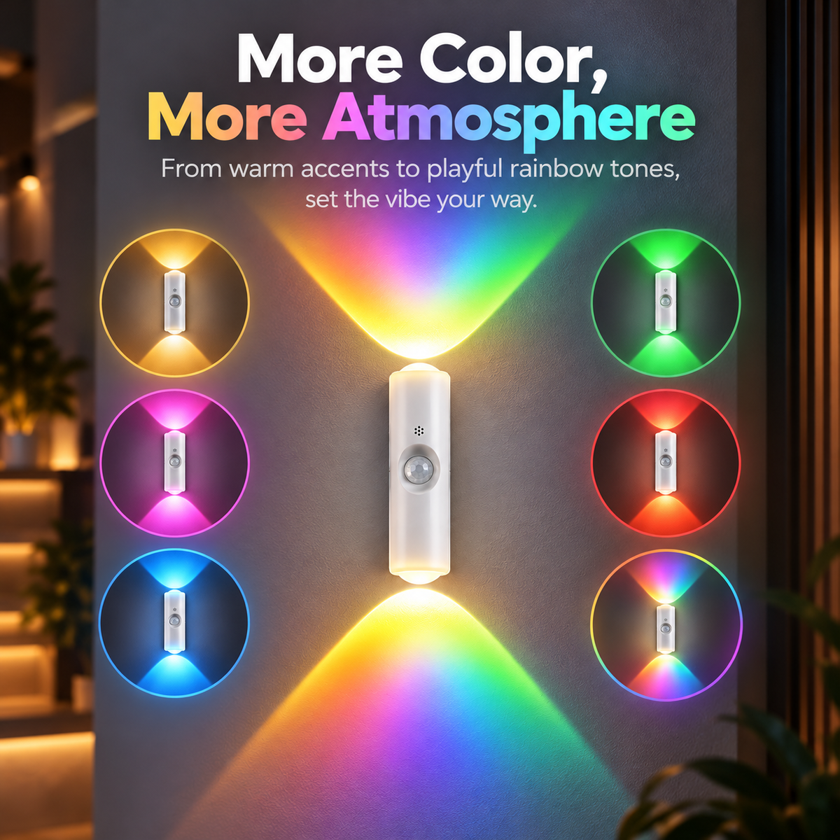 Rechargeable wall light displaying warm pink blue green red and rainbow colors