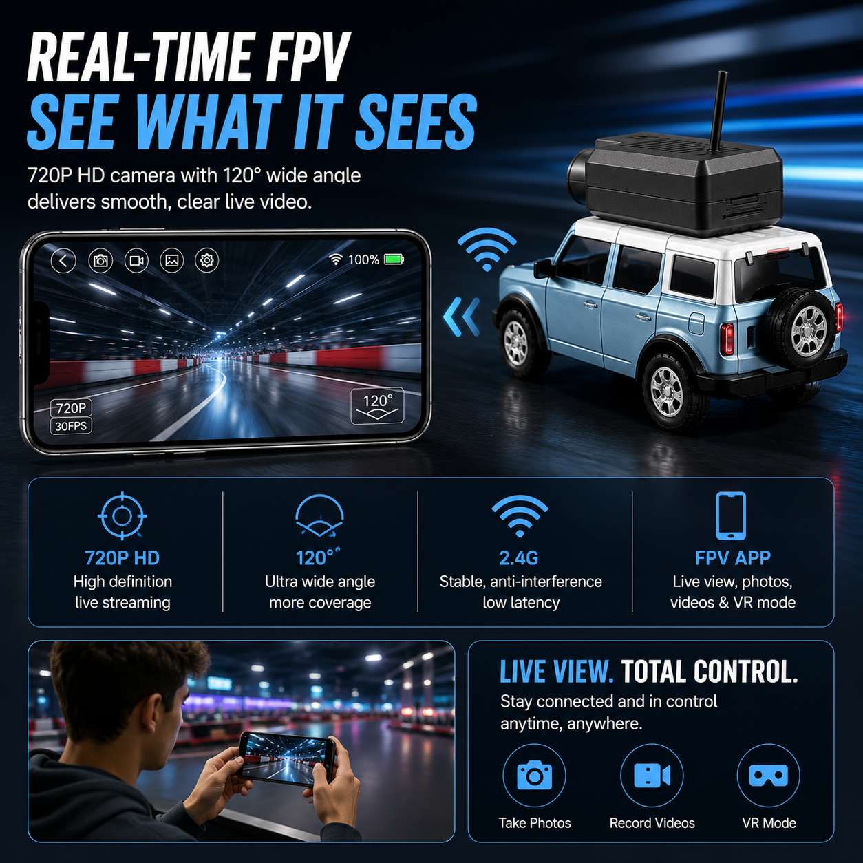 🚙 Mini FPV Camera Car – 720P Live View & Dual Control