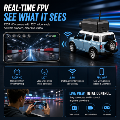 🚙 Mini FPV Camera Car – 720P Live View & Dual Control