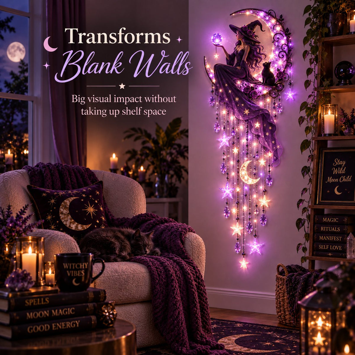 Witch Moon Starfall Wall Light transforming a blank wall in a cozy room
