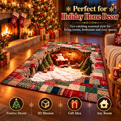 🔥🎅3D Optical Illusion Christmas Village Rug – Hidden Santa Winter Wonderland ✨