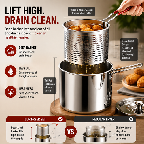 1 Set Stainless Steel Stock Fry Pot with Strainer Basket,Fry Pot with Basket and Lid for Frying Shrimp Chicken Fries