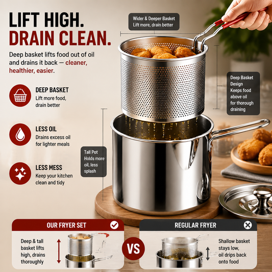 1 Set Stainless Steel Stock Fry Pot with Strainer Basket,Fry Pot with Basket and Lid for Frying Shrimp Chicken Fries