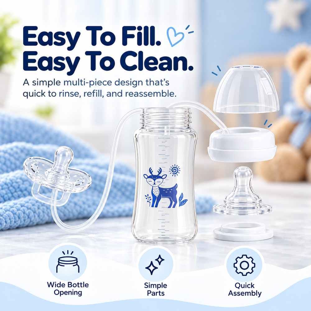 Clear deer-print bottle components and transparent pacifier displayed separately to show the product's design