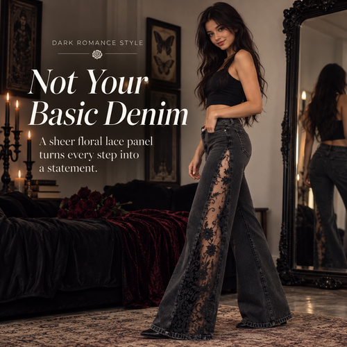 🖤🔥 Women's Gothic Black Flare Jeans 👖🌹 Sheer Floral Lace Side Panels ✨🦋 High-Waisted Wide-Leg Denim Pants | Sexy & Edgy Streetwear 💋