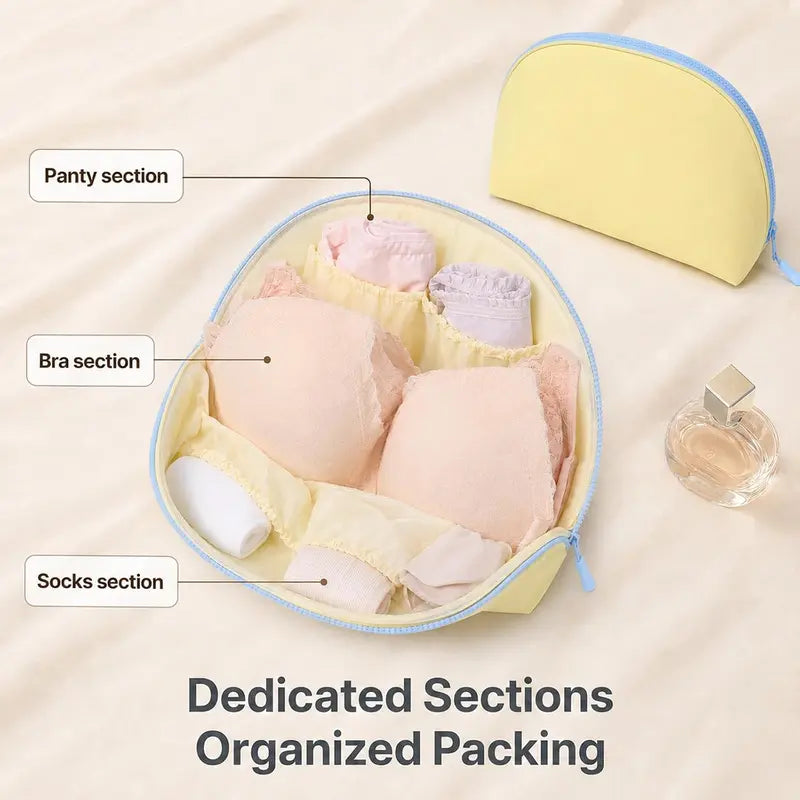 Open yellow travel lingerie organizer with dedicated bra underwear and sock sections