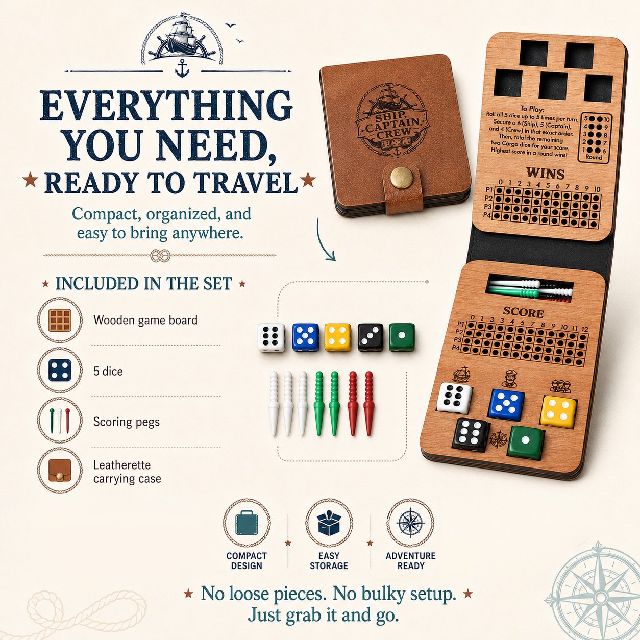 ⚓ Ship, Captain, Crew – A Classic Wooden Dice Game For Family & Travel Fun