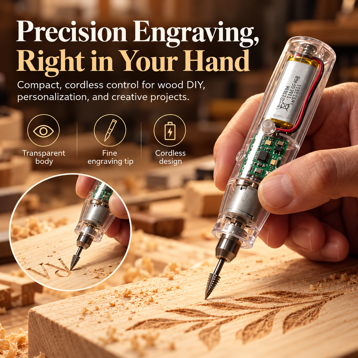 Compact transparent cordless wood engraving pen carving detailed patterns into wood