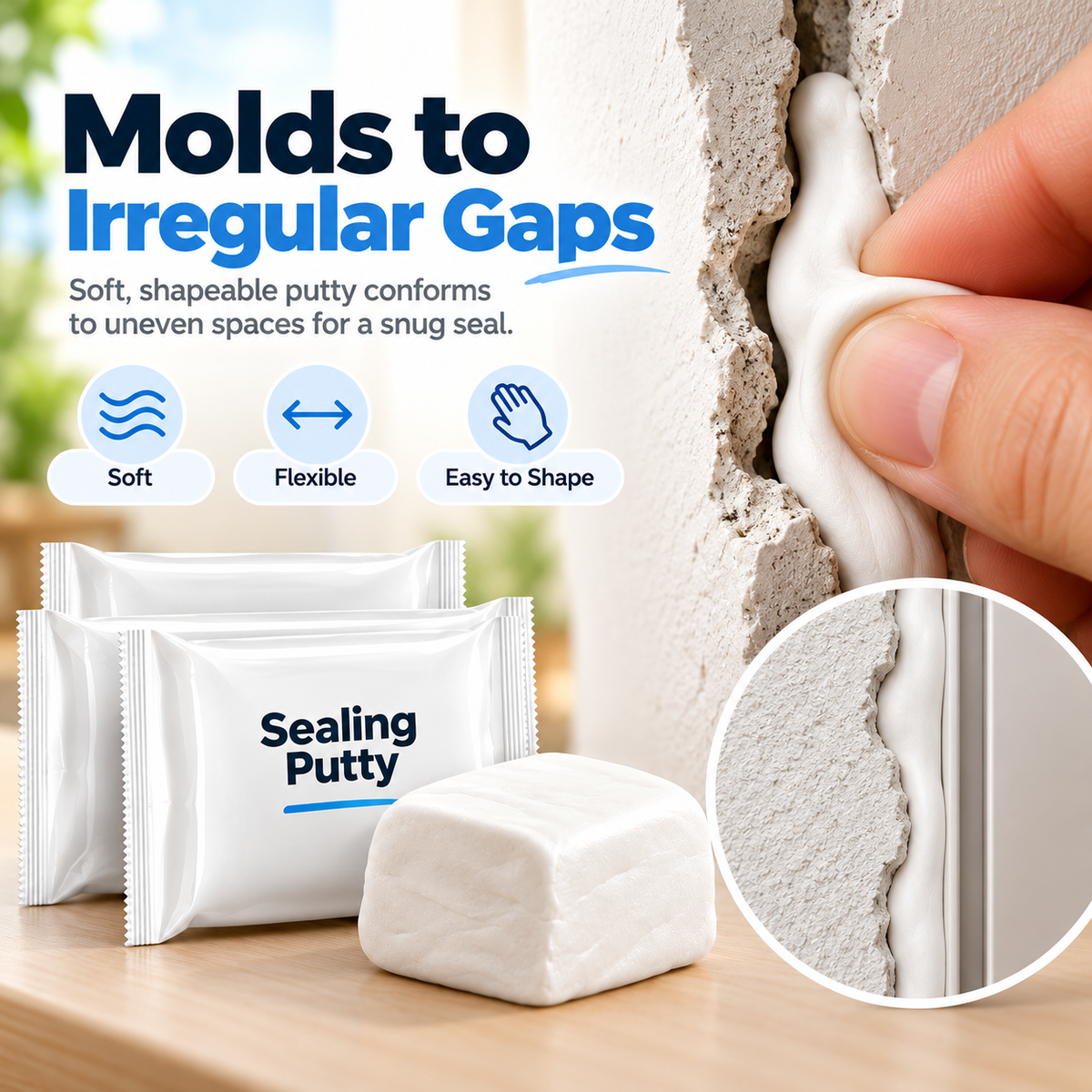 White sealing putty being molded by hand into an irregular gap beside a wall