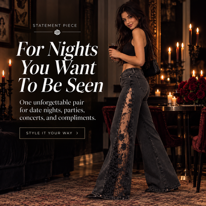 🖤🔥 Women's Gothic Black Flare Jeans 👖🌹 Sheer Floral Lace Side Panels ✨🦋 High-Waisted Wide-Leg Denim Pants | Sexy & Edgy Streetwear 💋