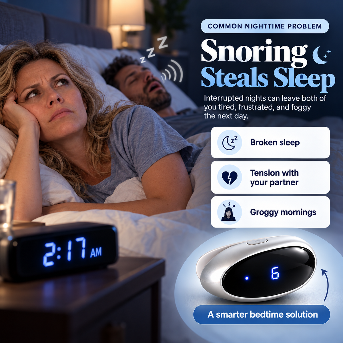 Couple awake at night because of snoring and interrupted sleep