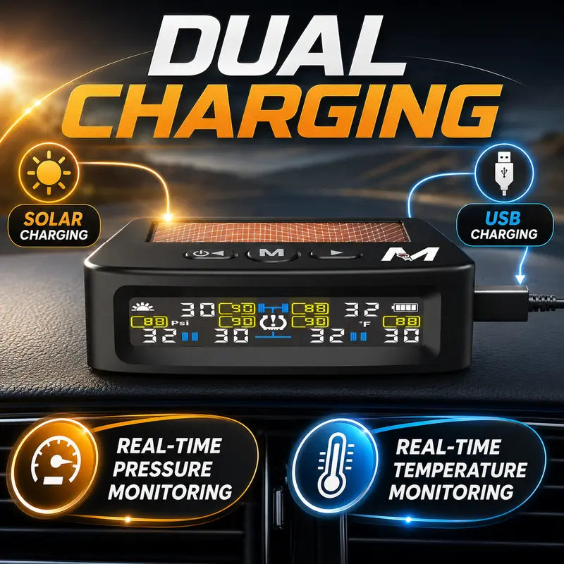 TPMS dashboard monitor showing solar and USB charging