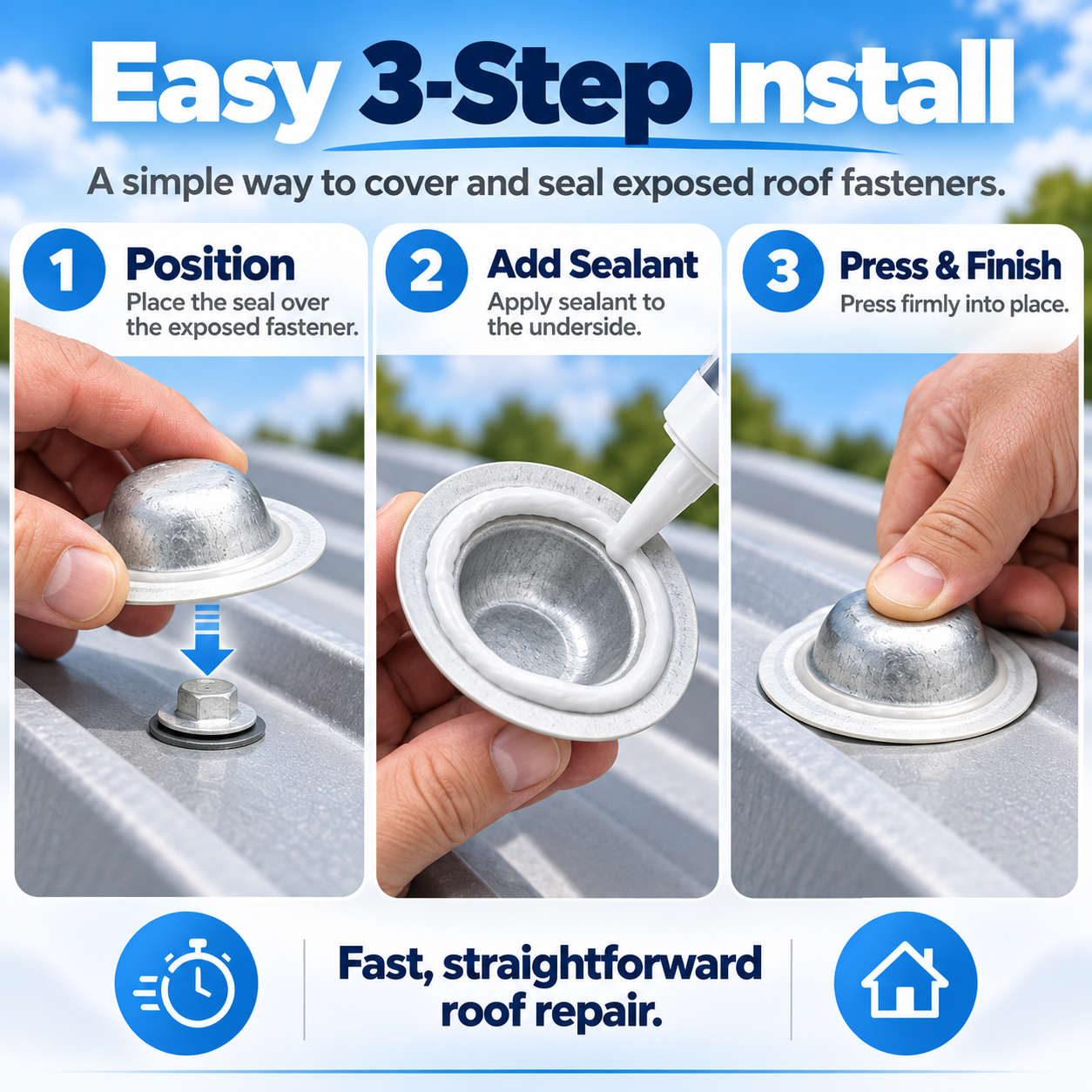 Three-step metal roof screw cap installation showing cap positioning roofing sealant application and final press fitting