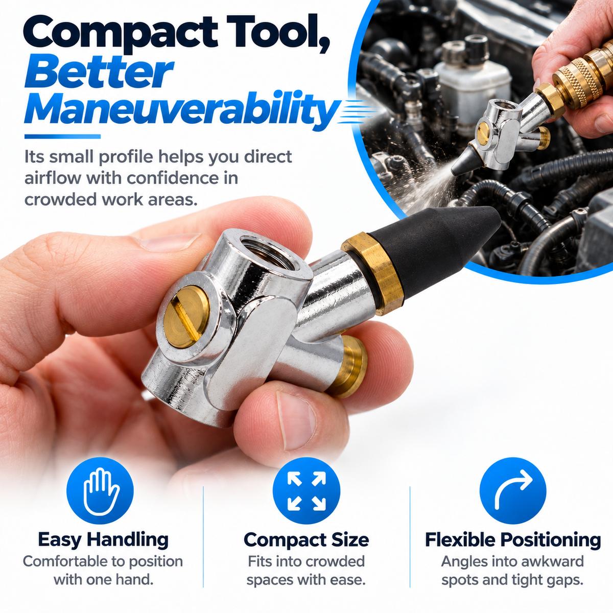 Small precision air nozzle held in a hand demonstrating its compact size