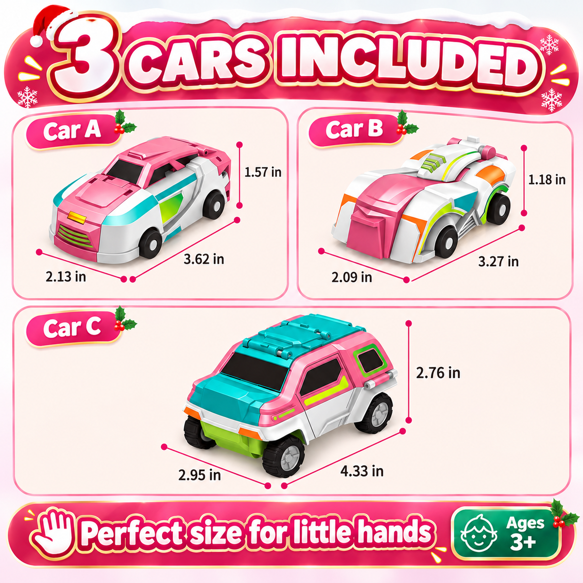 Three pink edition Christmas transforming toy cars labeled A B C with individual width height and length dimensions