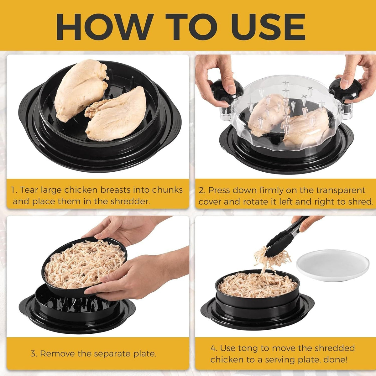Four step instructions for using chicken shredder bowl