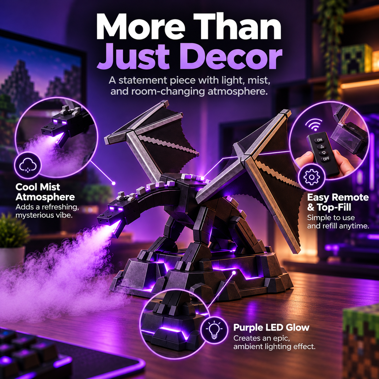 Full blocky black dragon mist diffuser showing wide angular wings glowing purple pedestal and dragon breath mist with remote and refill details