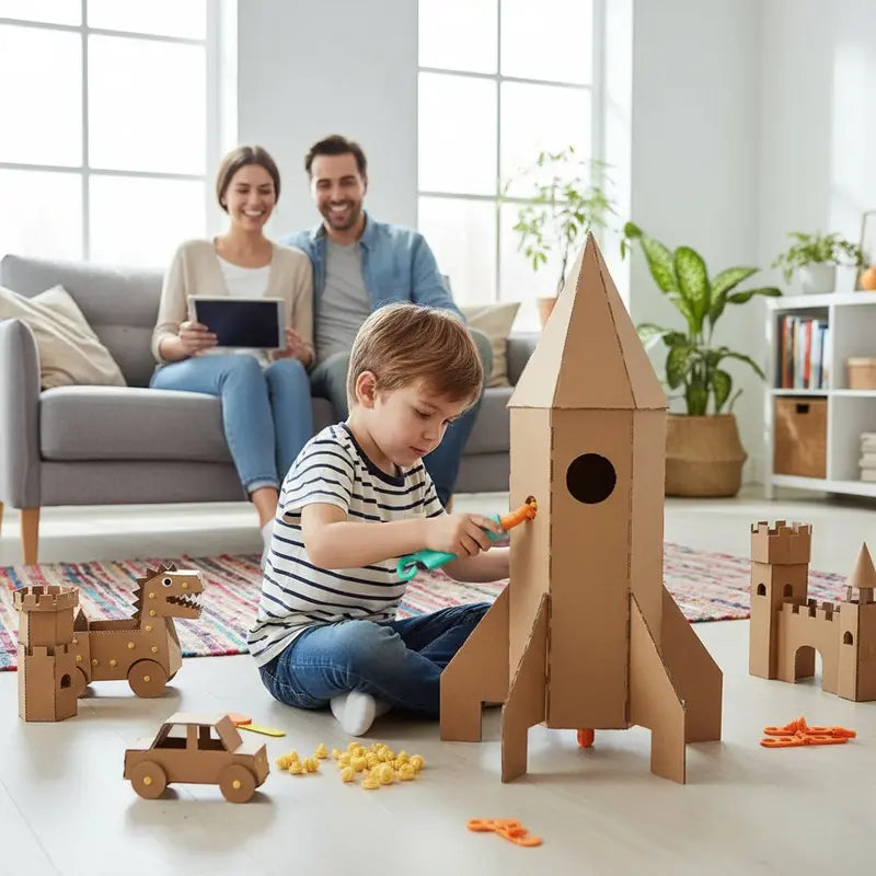 Child constructing a large cardboard rocket on the floor with parents nearby and other DIY cardboard creations